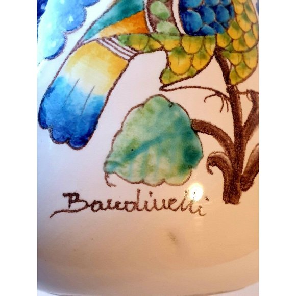 Italian Faience Vase,Hand-Painted Vase by Baudiuelli, Mid-Century, Bird & Grapes - Picture 7 of 8